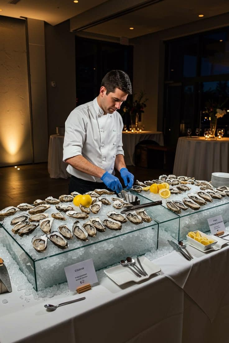 Chef a servir ostras frescas sobre gelo no oyster bar, ao serão.